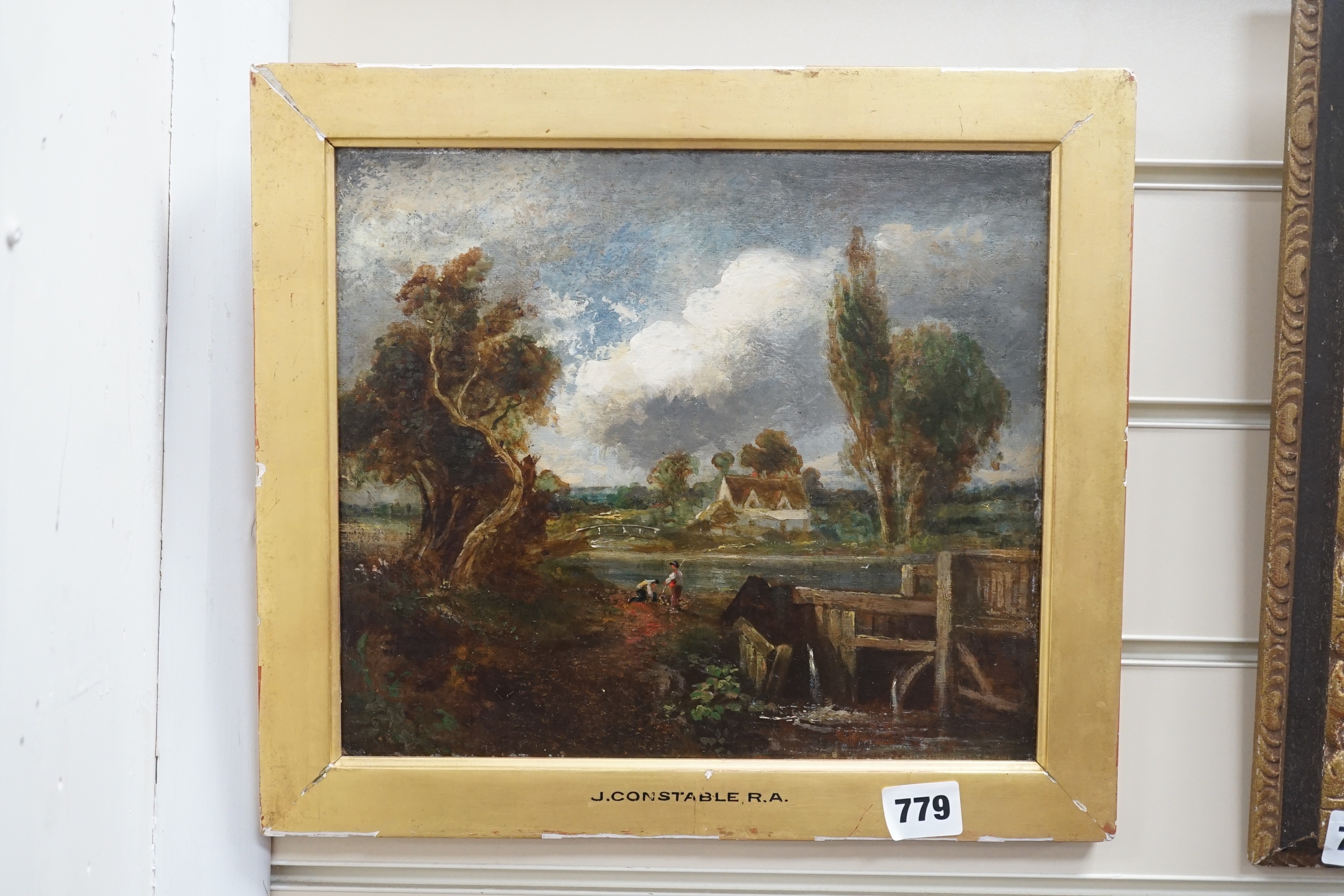 After Constable, small oil on board, fisherman, 25x28cm